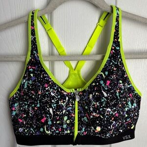 VSX Victoria’s Secret Black Neon Trim Paint-Splash Zip Front Sports Bra size 36B